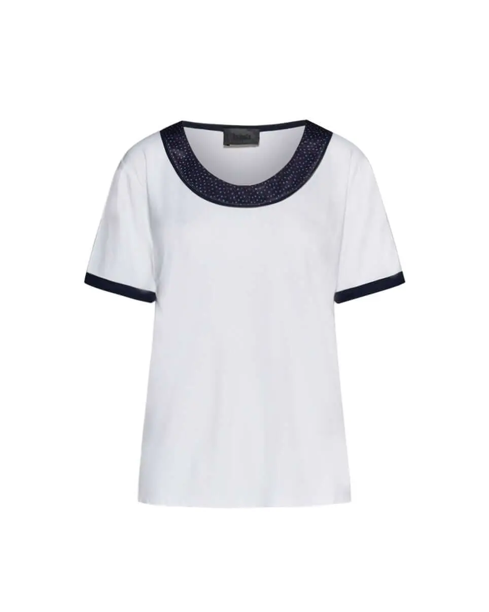 Maglia in viscosa con dettaglio scollo floreale BIANCO