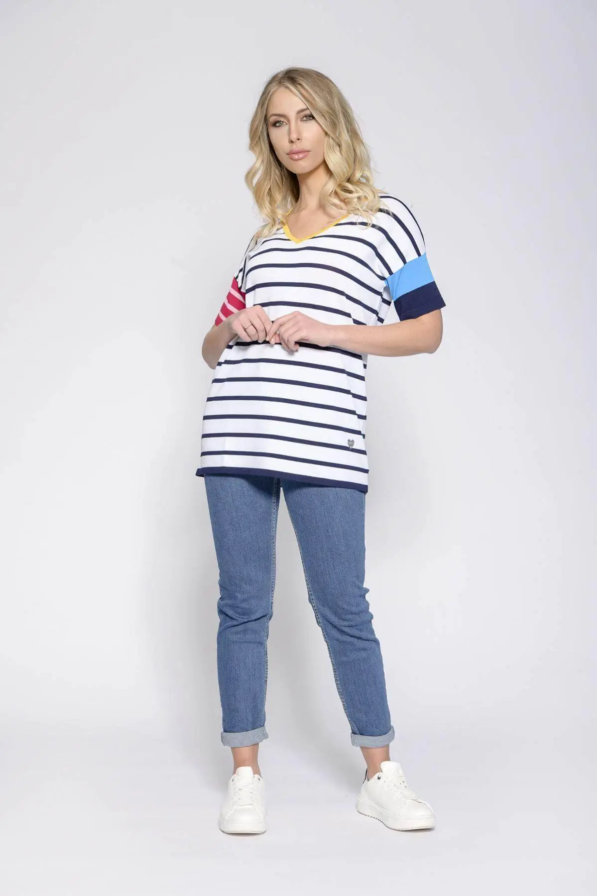 Maglia fantasia righe scollo a V BIANCO - Image 3