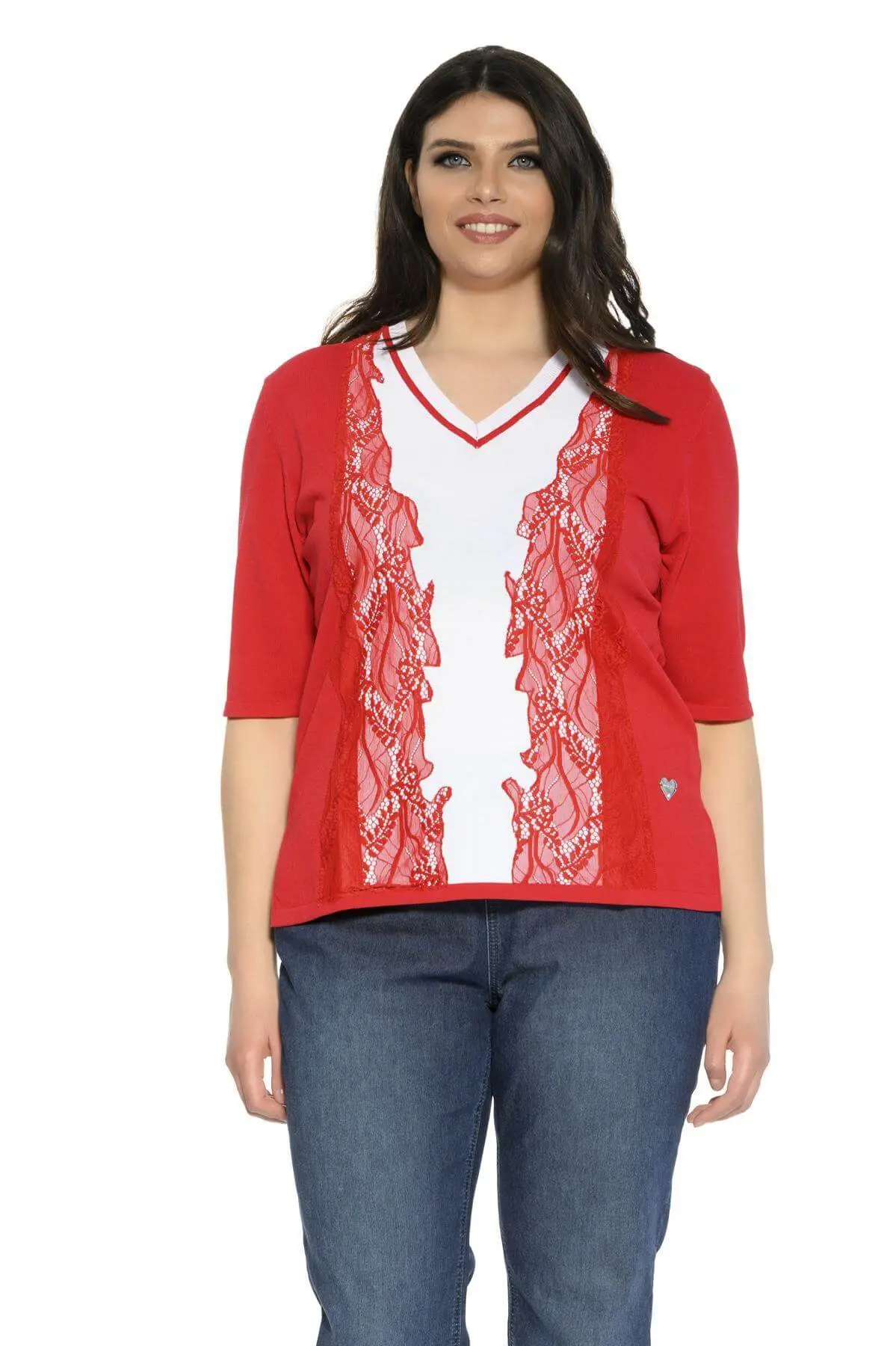 Maglia scollo a V e pizzo ROSSO