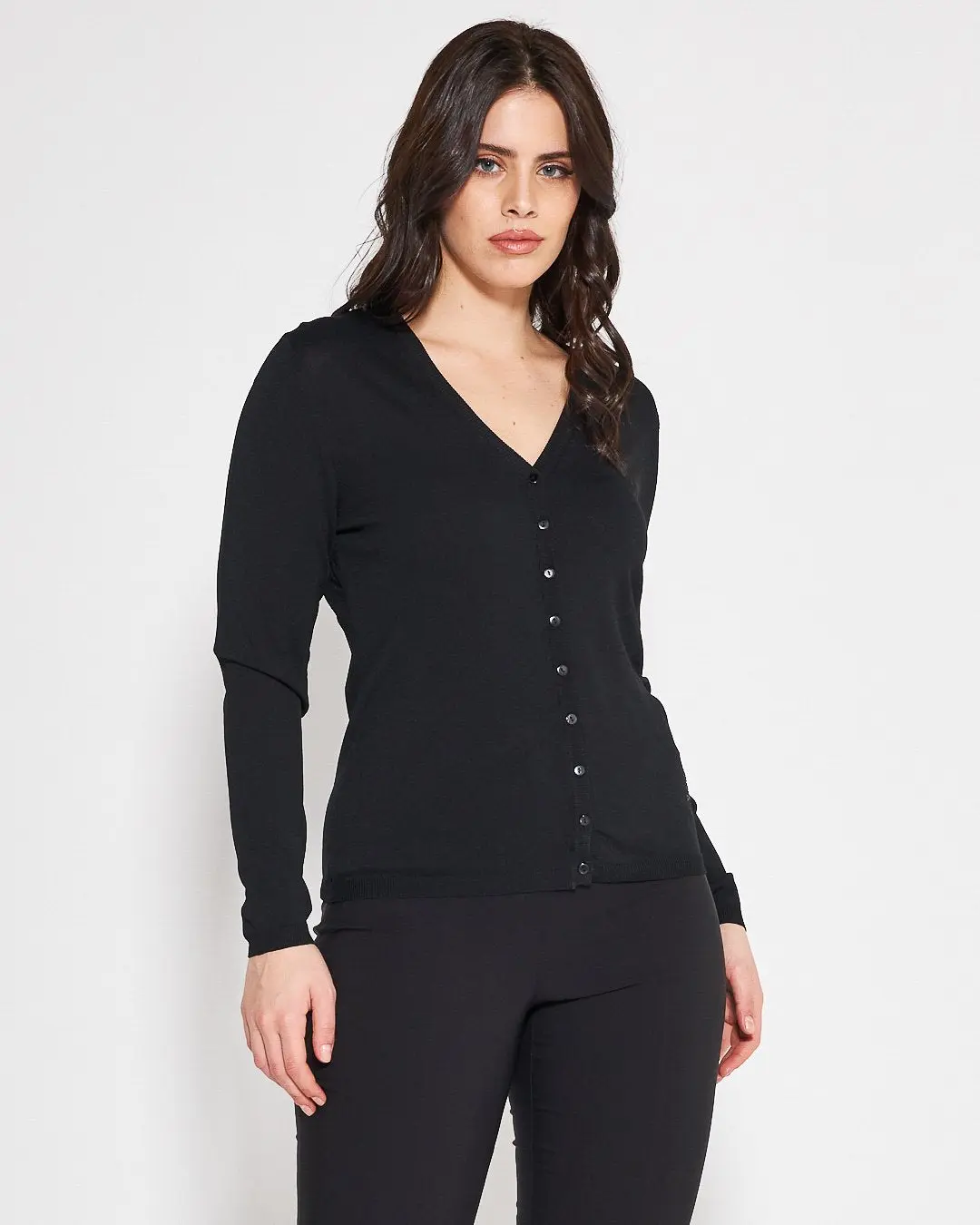 Cardigan basic con bottoni in maglia di misto viscosa con logo in strass NERO - Image 5