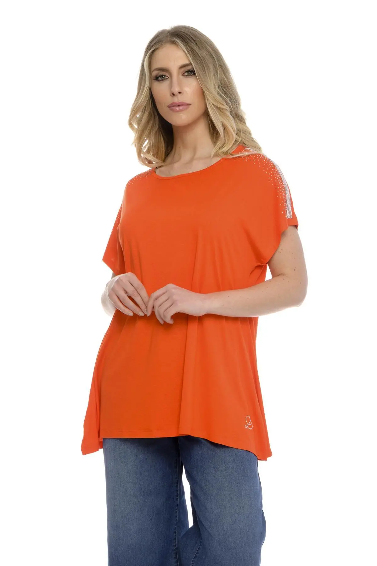 Maglia taglio ad A e strass ARANCIO
