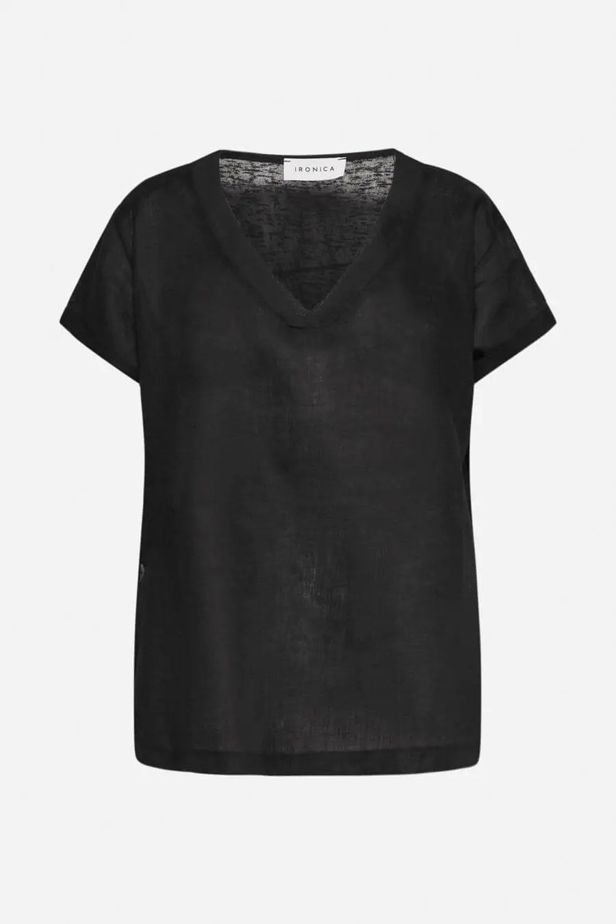 Blusa combinata in lino e jersey di misto viscosa tinta unita con scollo a V e dettaglio bottoni. NERO