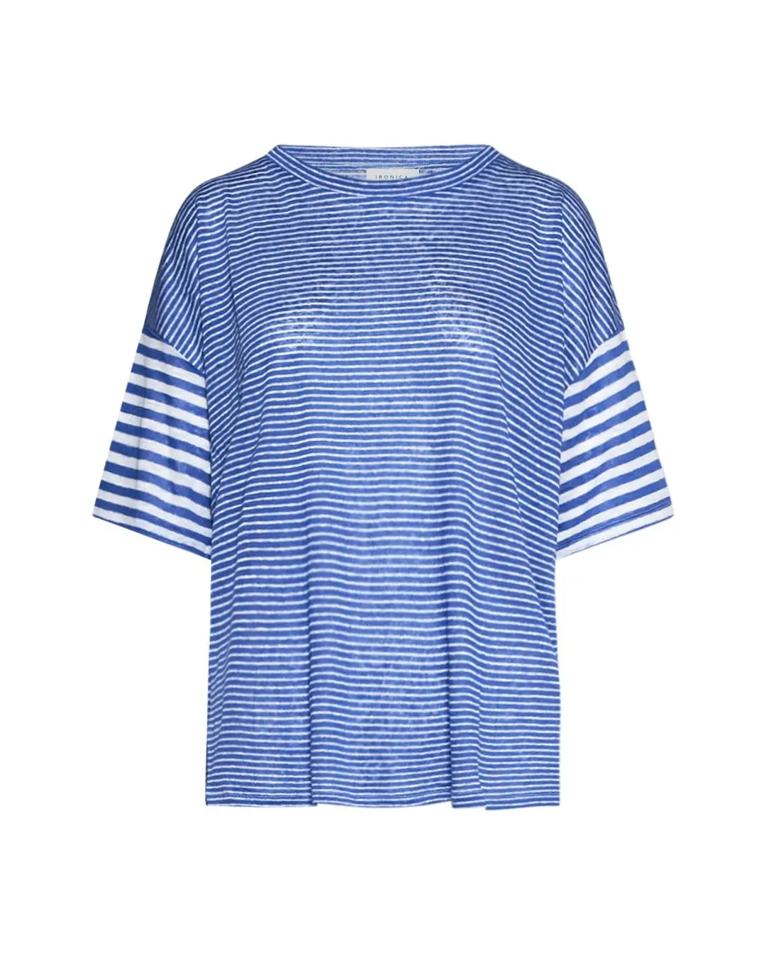 Maglia a maniche corte in filato di lino fiammato e rigato tinta unita. MIRTILLO