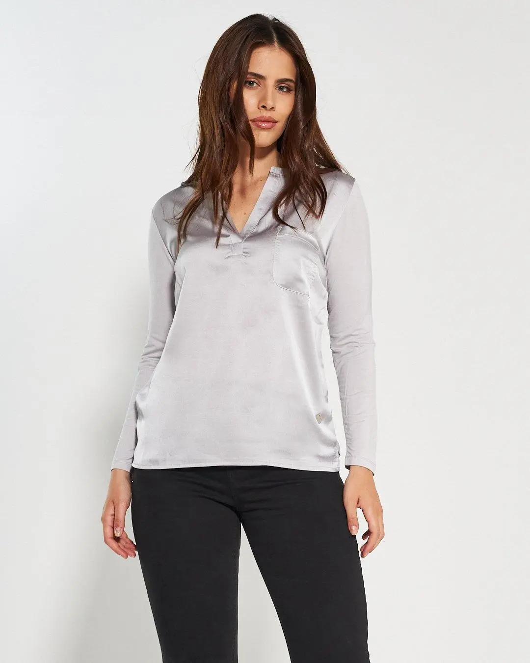 Blusa bi-materiale GRIGIO PERLA