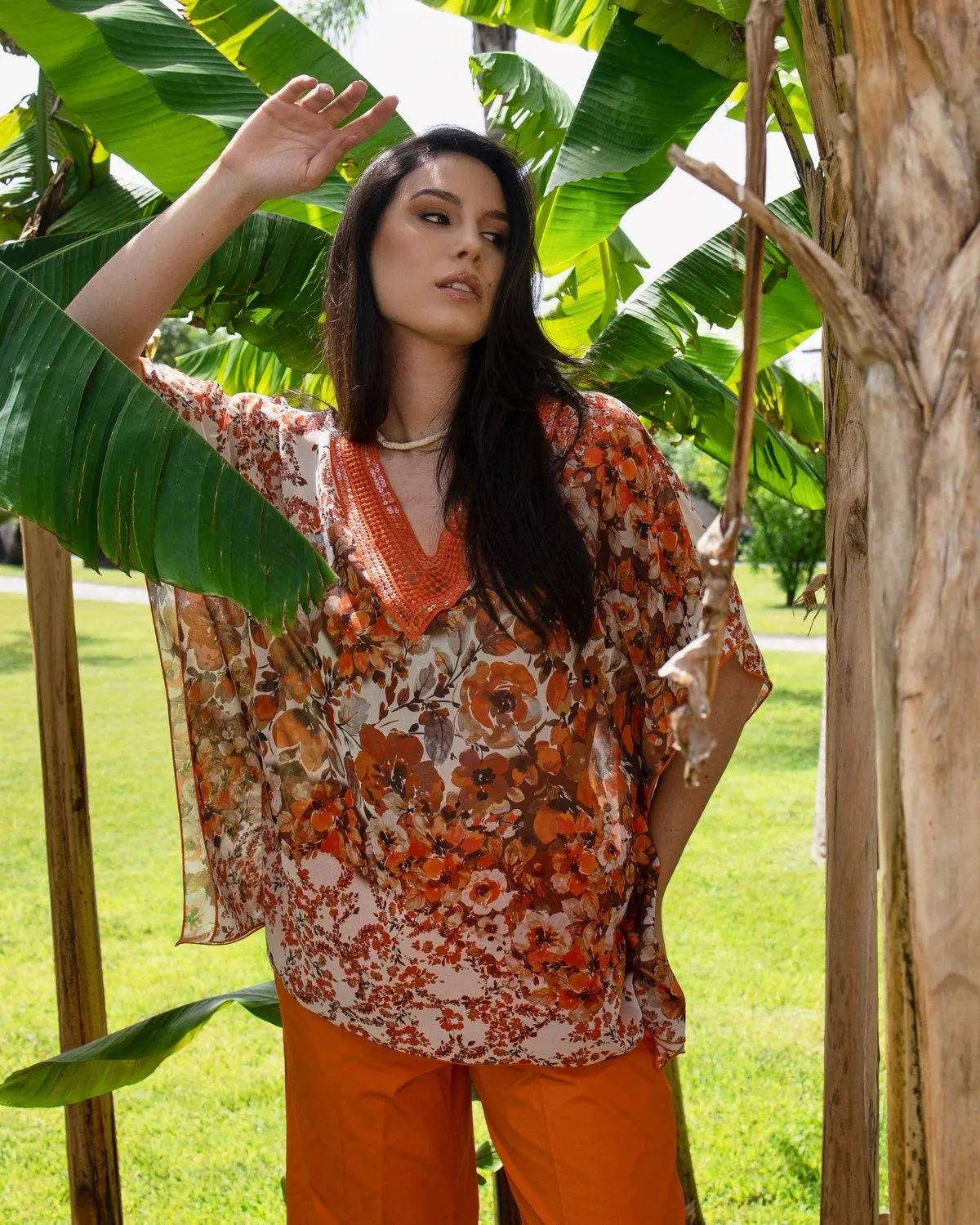 Blusa stampata con dettaglio paillettes FIORE ARANCIO