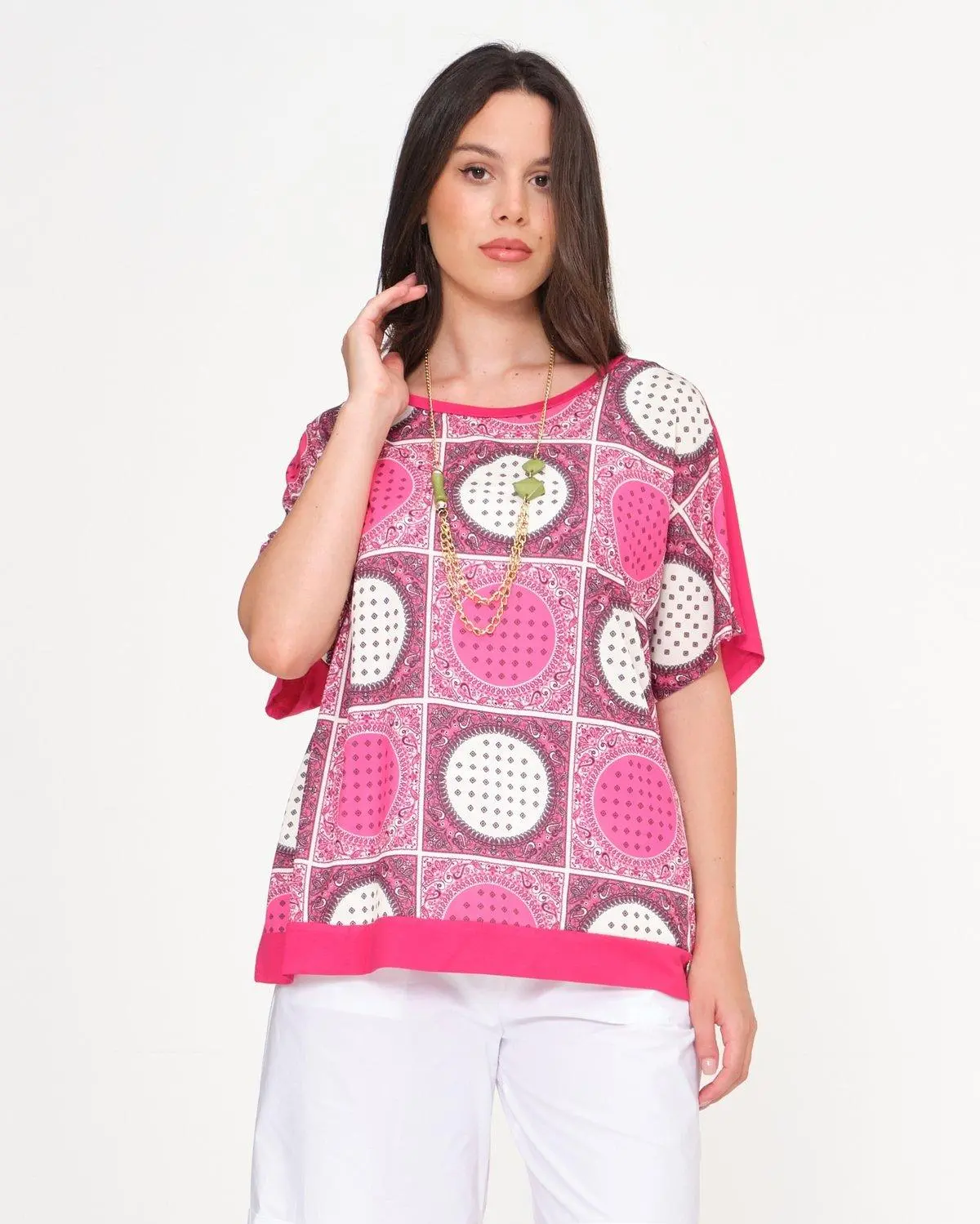 Maglia in fantasia con bottoni gioiello CICLAMINO