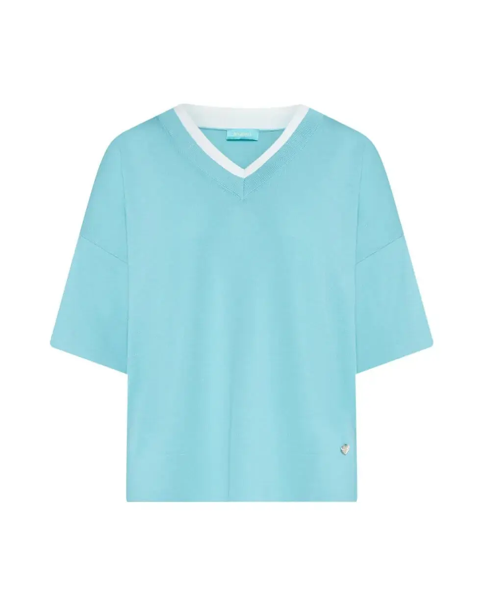 Maglia in filato di misto viscosa tinta unita con scollo a V bi-colore ACQUA