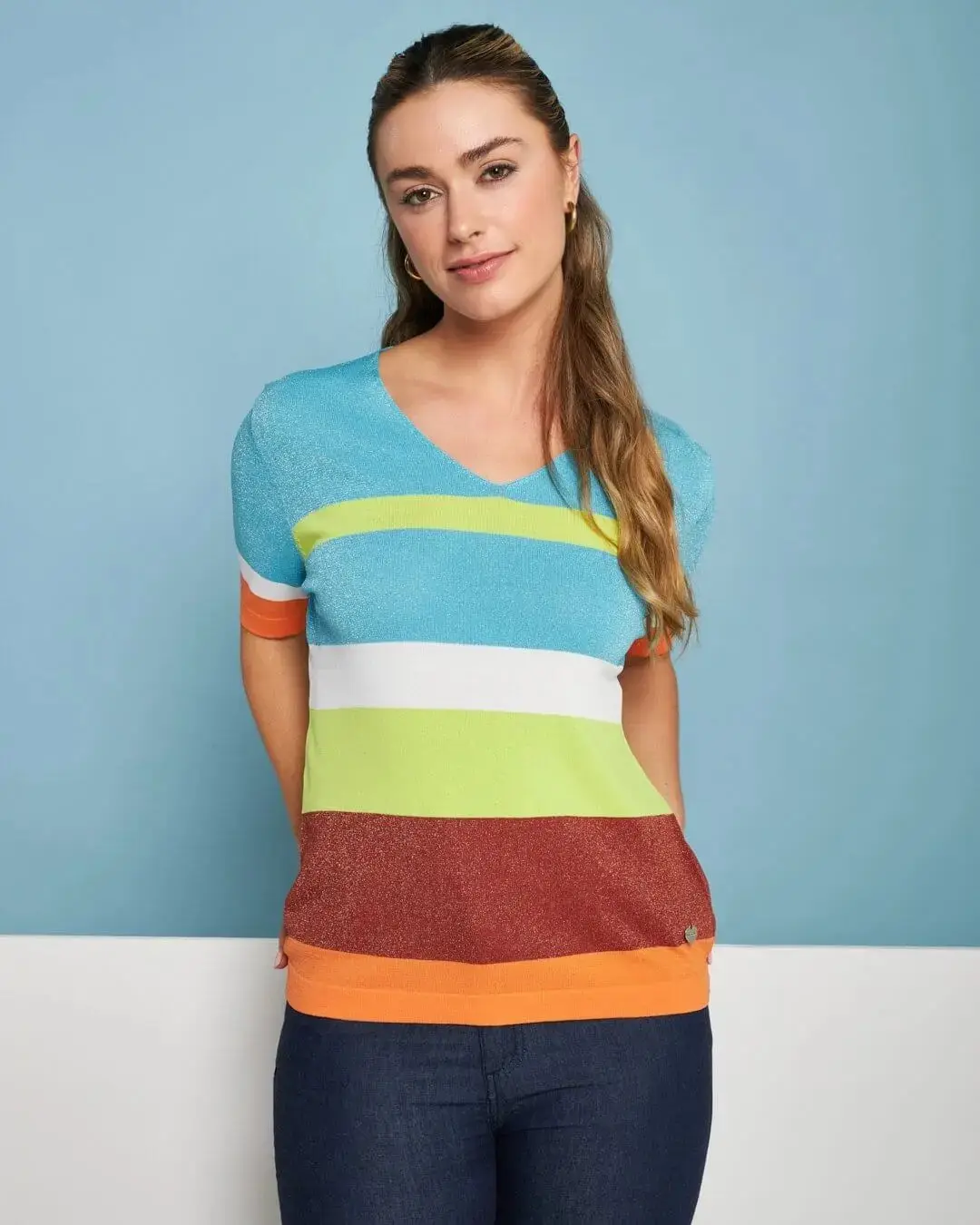 Maglia scollo a V in filato di misto viscosa a righe lurex MULTICOLOR - Image 2