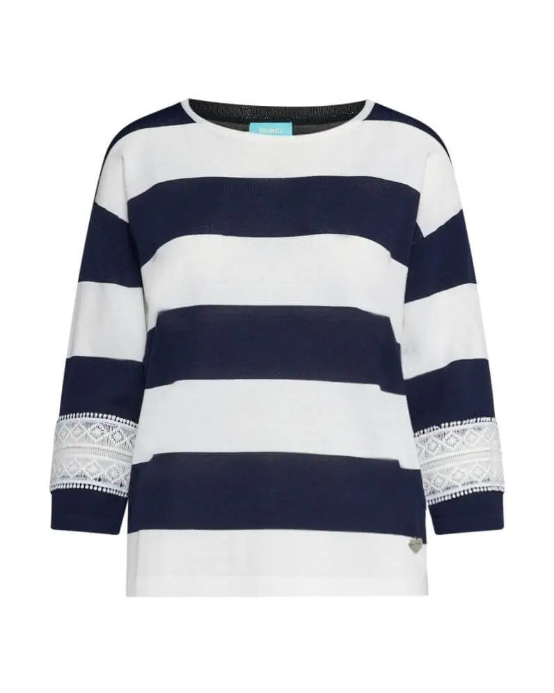 Maglia girocollo in filato a righe di misto viscosa con dettagli in pizzo BLU - Image 2