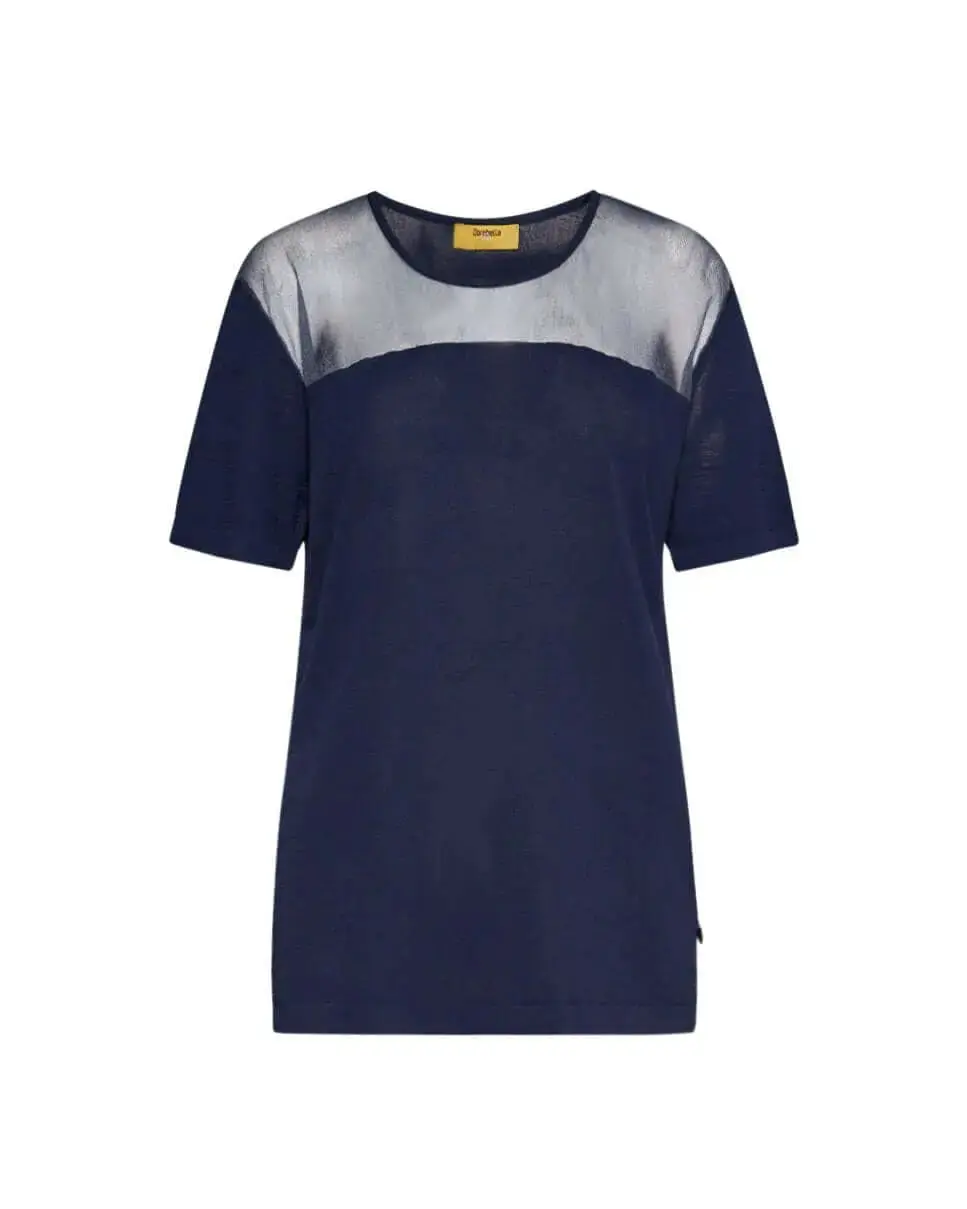 Maglia a maniche corte in filato di misto viscosa con carré in tulle BLU
