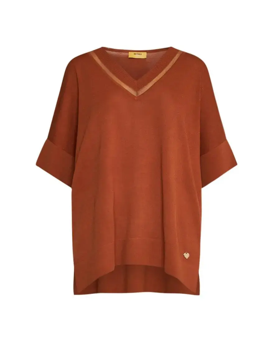 Maglia con manica kimono in filato di misto viscosa con inserto in tulle sullo scollo a V SAFARI