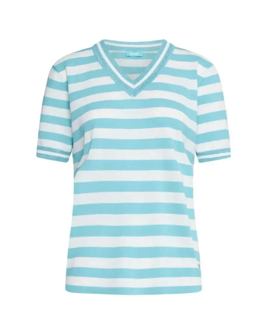 Maglia scollo a V in filato di misto viscosa a righe con profili lurex ACQUA