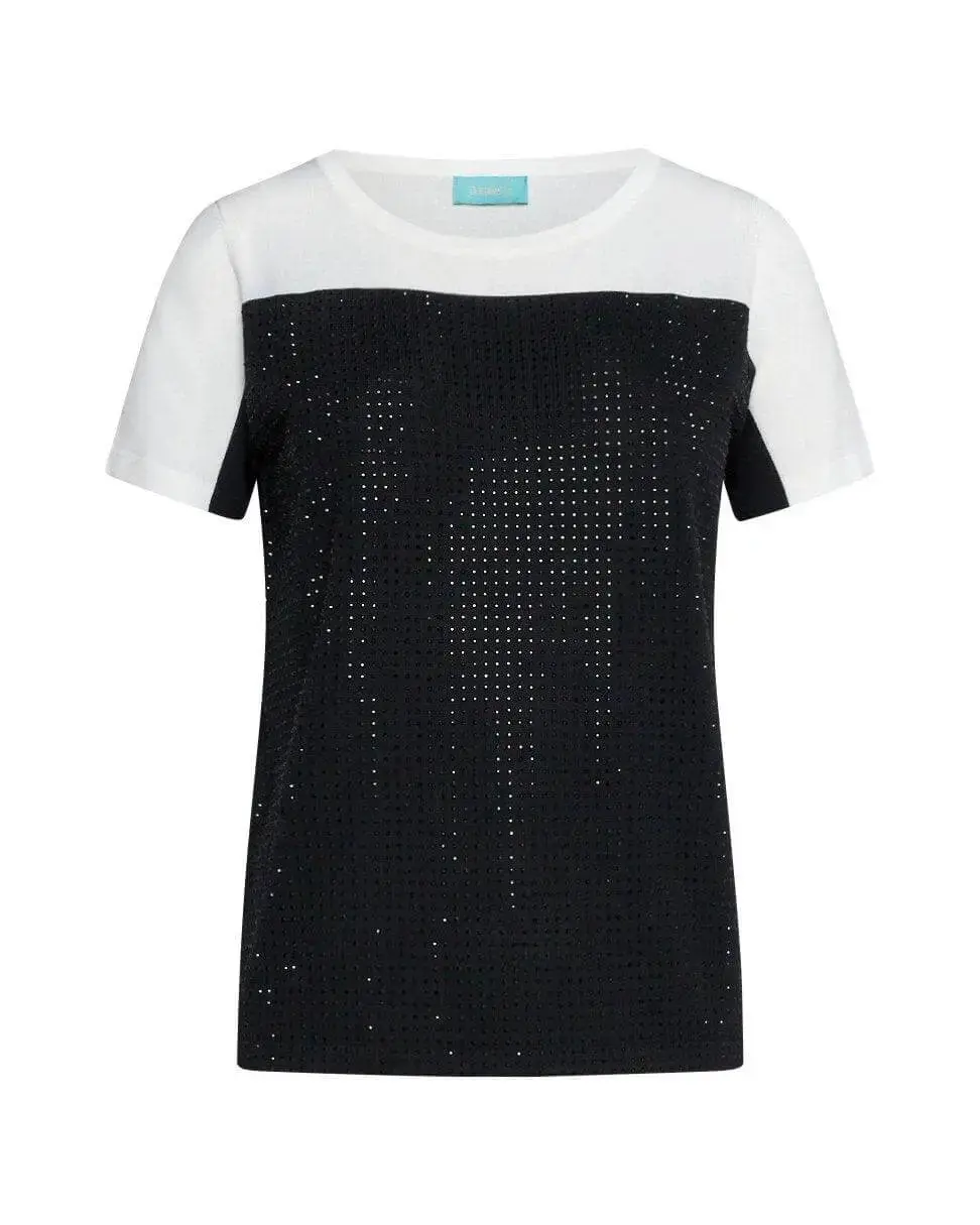 Maglia a maniche corte in filato di misto viscosa bi-colore con applicazione di strass NERO