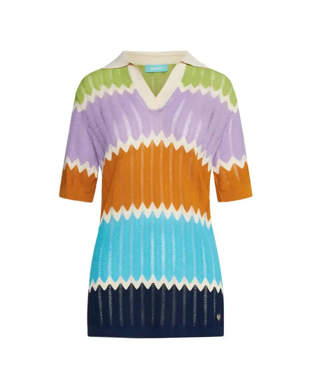 Maglia polo in filato di misto viscosa traforata con motivo chevron BLU