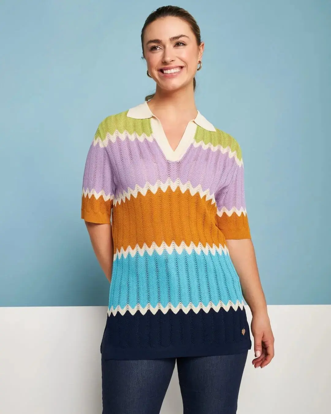 Maglia polo in filato di misto viscosa traforata con motivo chevron BLU - Image 2