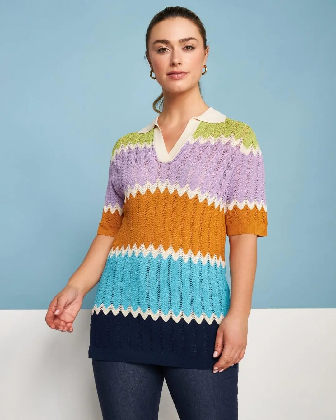 Maglia polo in filato di misto viscosa traforata con motivo chevron BLU - Image 3