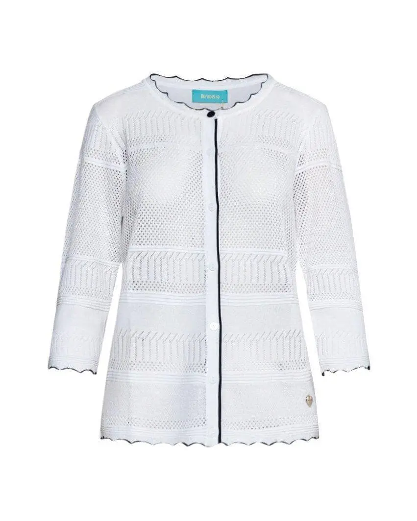Cardigan con bottoni in maglia pointelle di misto viscosa con piping a contrasto WHITE - Image 2