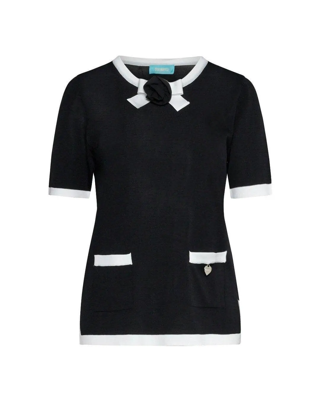 Maglia girocollo in filato di misto viscosa con bordi a contrasto e rosa in tessuto NERO - Image 2