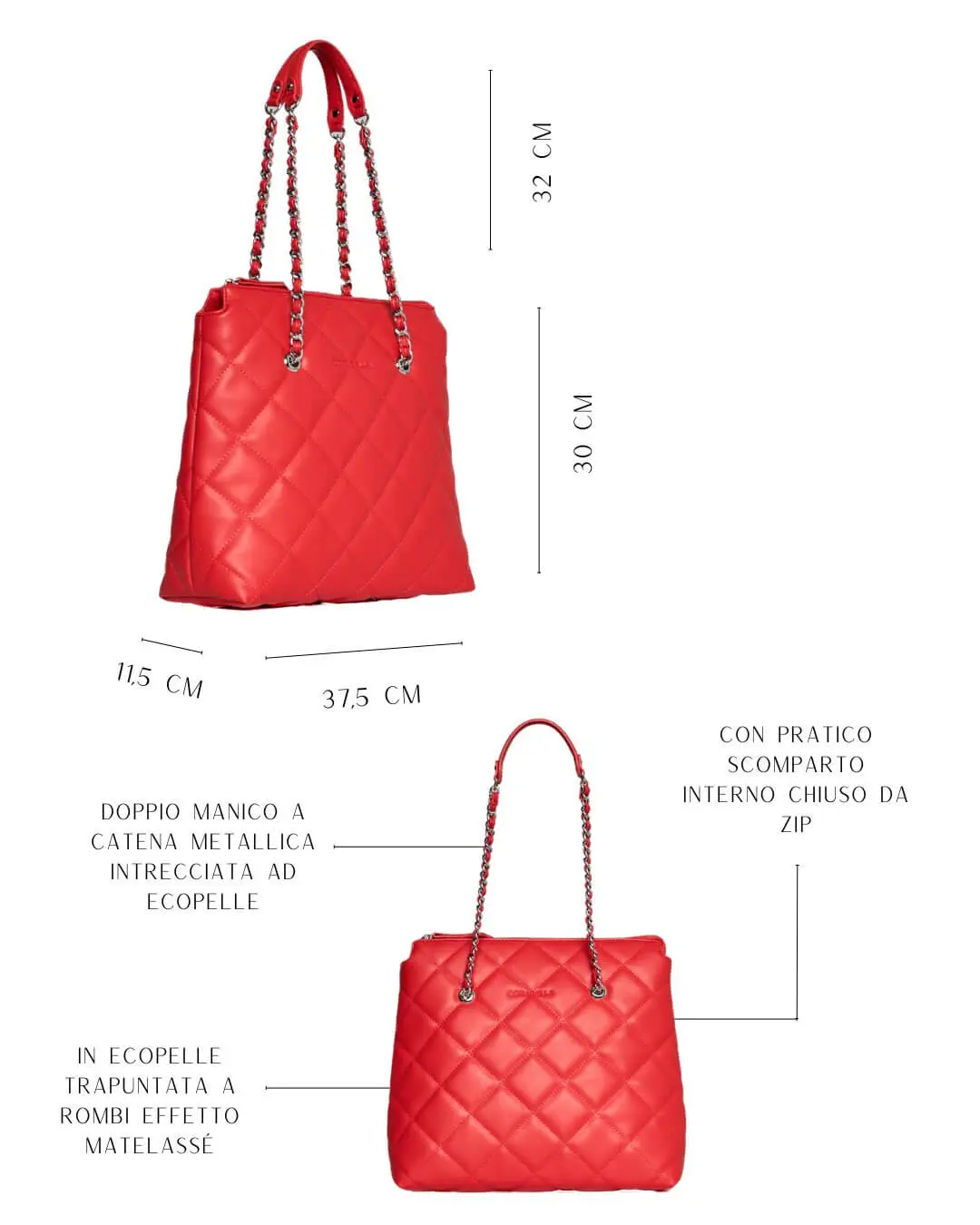 Borsa shopper media in ecopelle matelassé con manici a catena PAPAVERO - Image 2