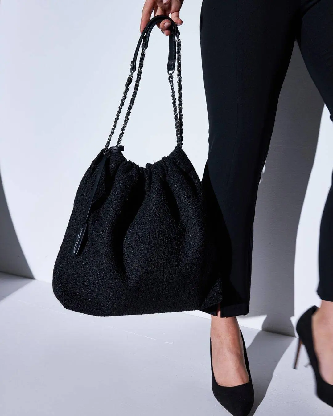 Borsa a sacchetto in tweed con doppio manico a catena NERO
