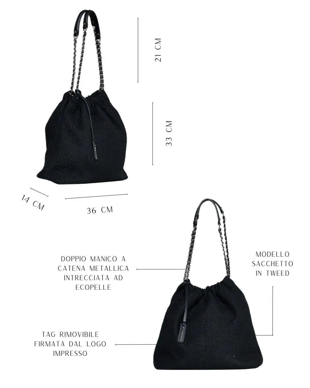 Borsa a sacchetto in tweed con doppio manico a catena NERO - Image 2