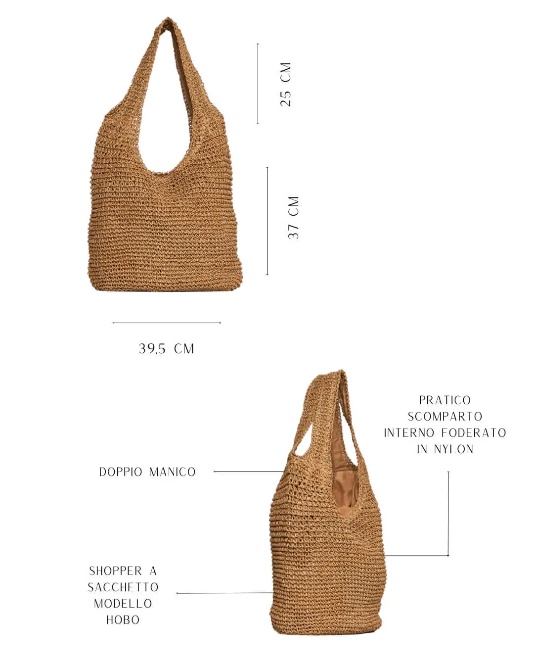 Borsa shopper modello hobo in rafia con doppio manico BEIGE - Image 2