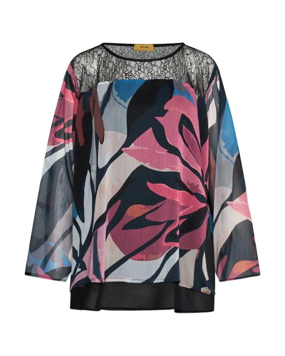 Blusa in georgette fantasia fiore con carré in pizzo NERO - Image 2