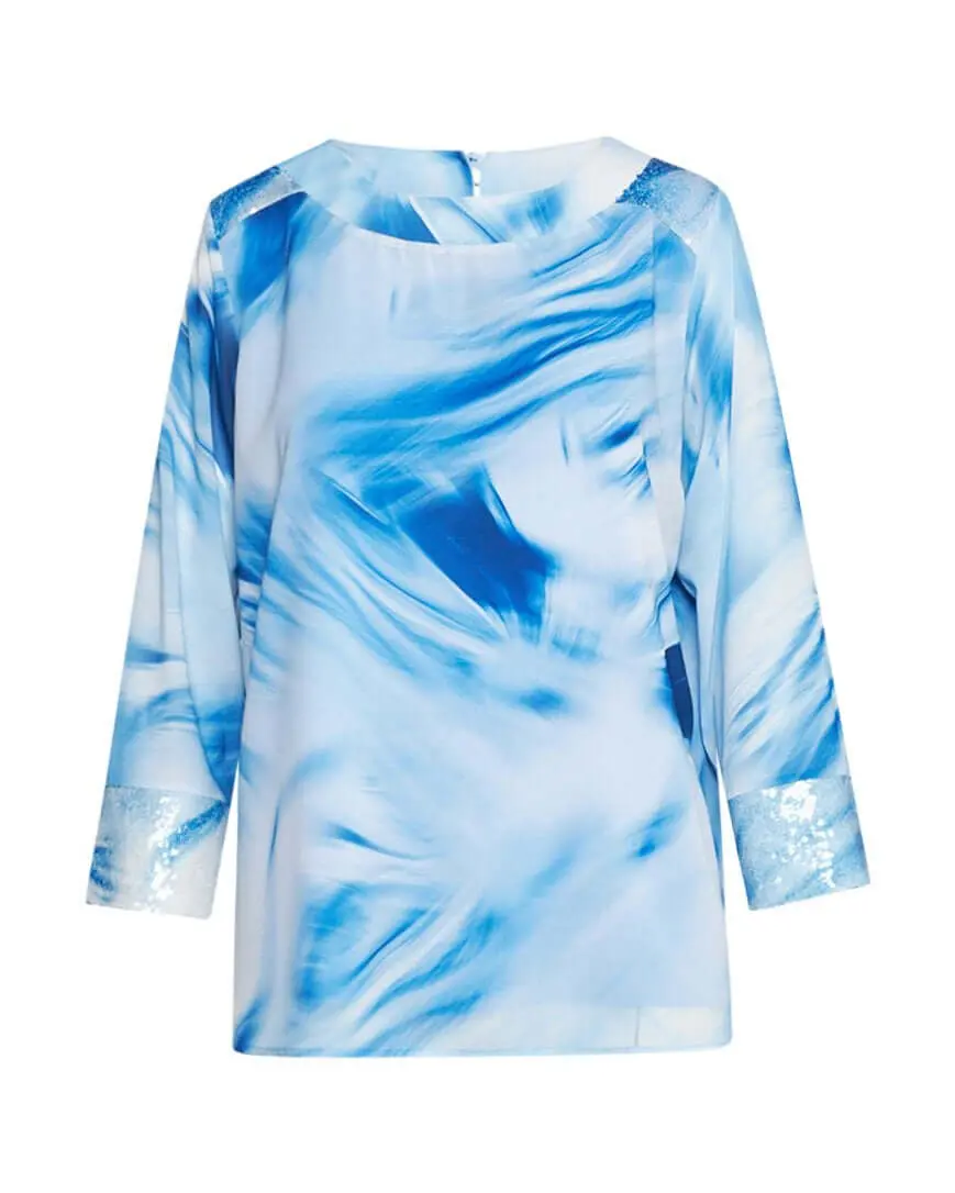 Blusa fluida in georgette con fantasia astratta sfumata e dettagli in paillettes AZZURRO - Image 2