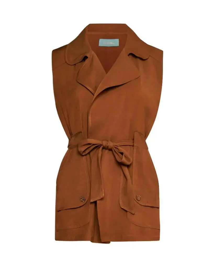 Gilet in twill di misto viscosa con collo con revers e cintura in vita MORO