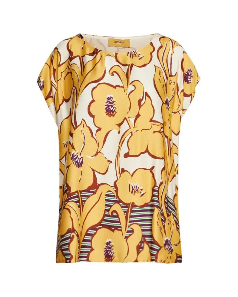 Blusa girocollo in viscosa lucida con fantasia floreale OCRA - Image 2
