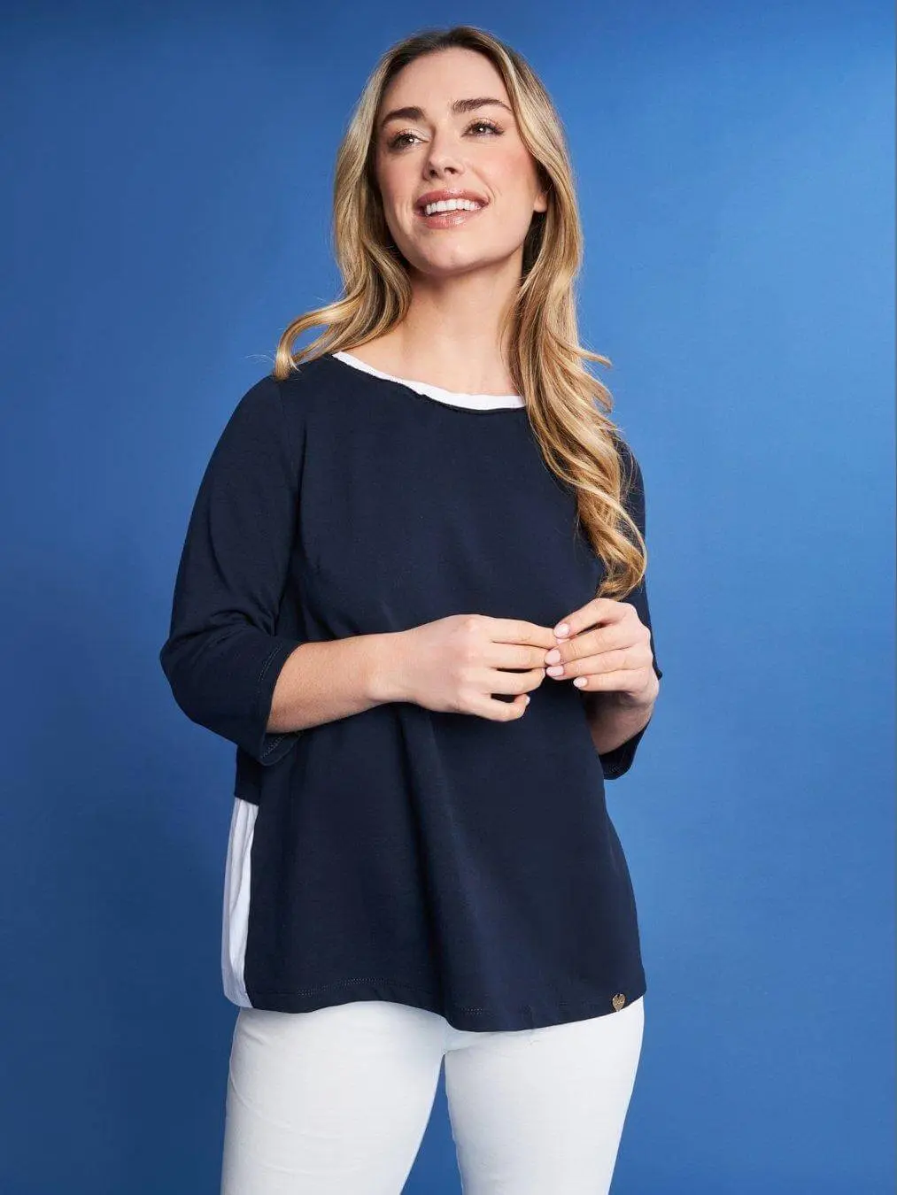 Blusa girocollo in jersey di cotone elasticizzato con volant sul retro BLU - Image 3