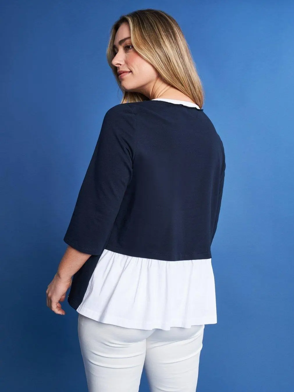 Blusa girocollo in jersey di cotone elasticizzato con volant sul retro BLU - Image 4
