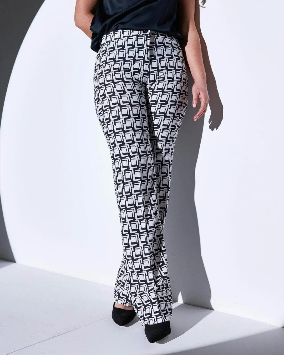 Pantalone fluido in cady stampato fantasia Optical NERO-BIANCO