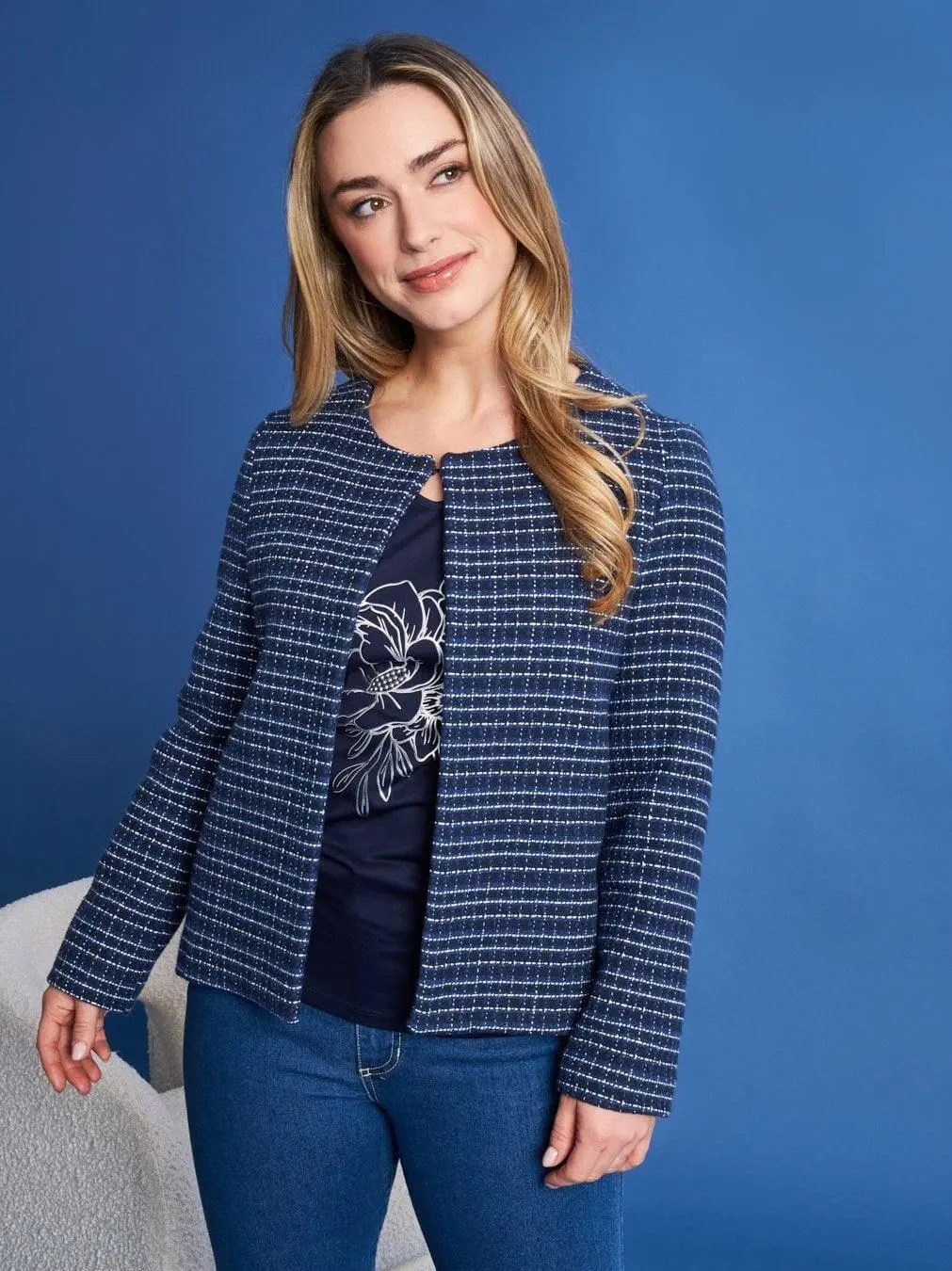 Giacca girocollo in tweed di misto cotone bi-colore BLU - Image 3