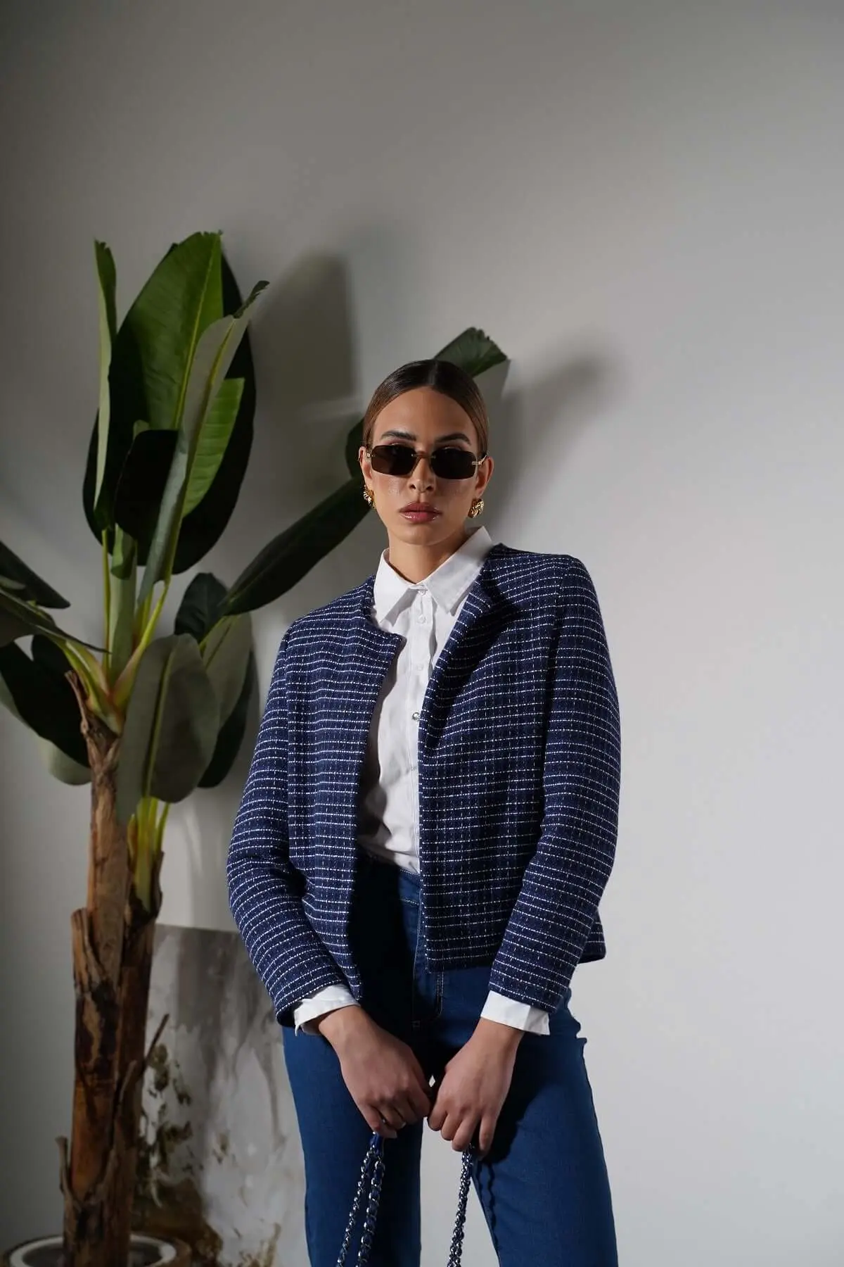 Giacca girocollo in tweed di misto cotone bi-colore BLU - Image 5