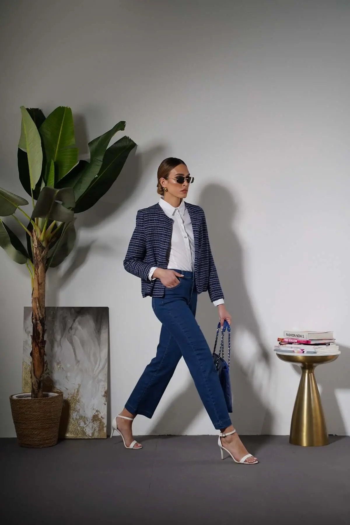 Giacca girocollo in tweed di misto cotone bi-colore BLU - Image 6