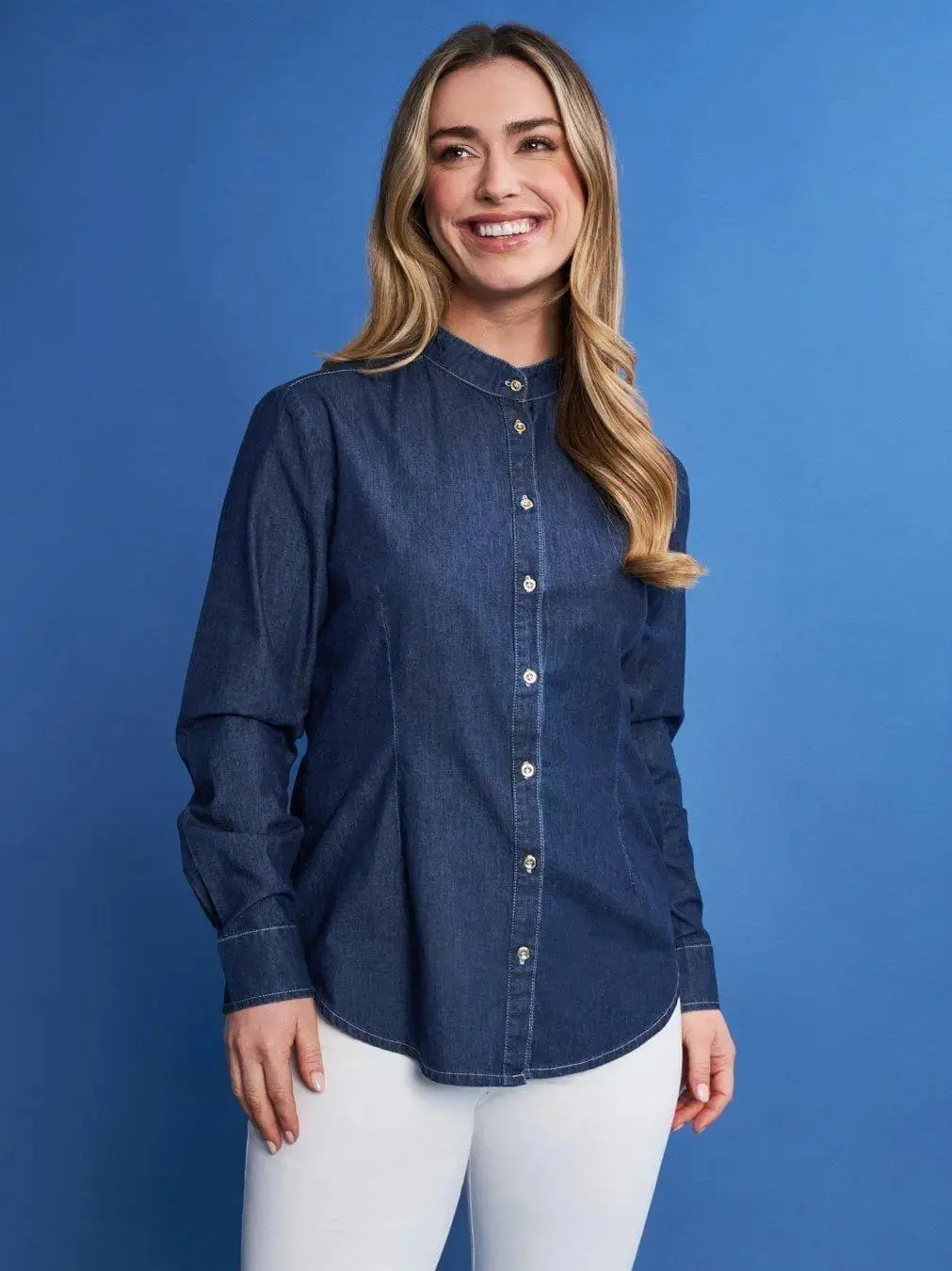 Camicia in chambray di cotone con colletto alla coreana DENIM - Image 2