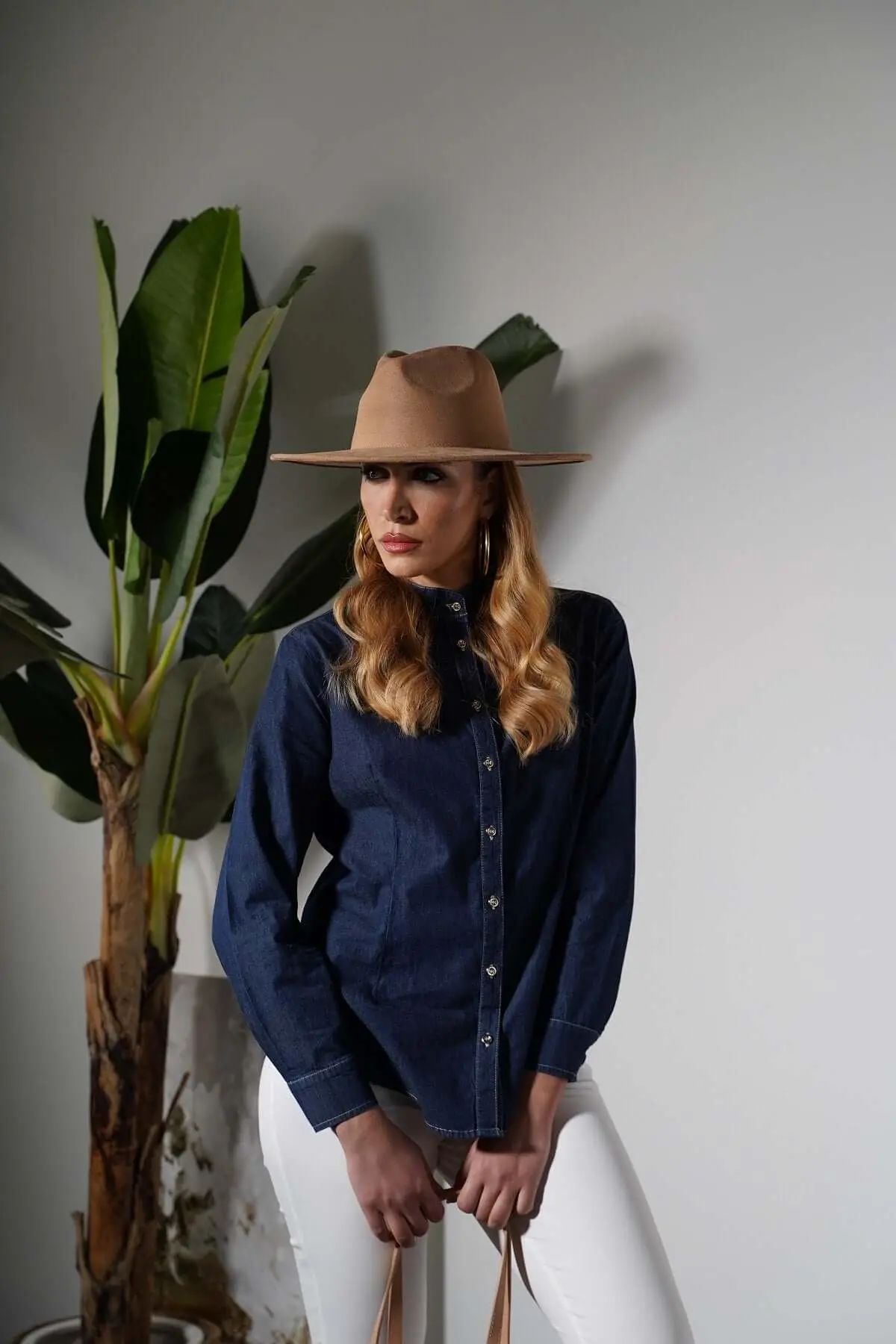 Camicia in chambray di cotone con colletto alla coreana DENIM - Image 5