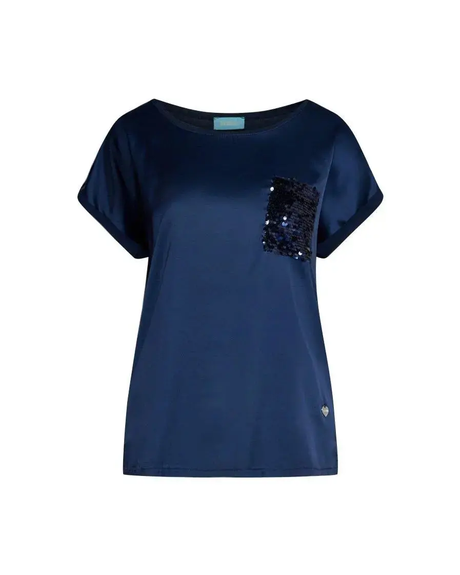 T-shirt kimono in raso con retro in jersey e tasca in paillettes BLU