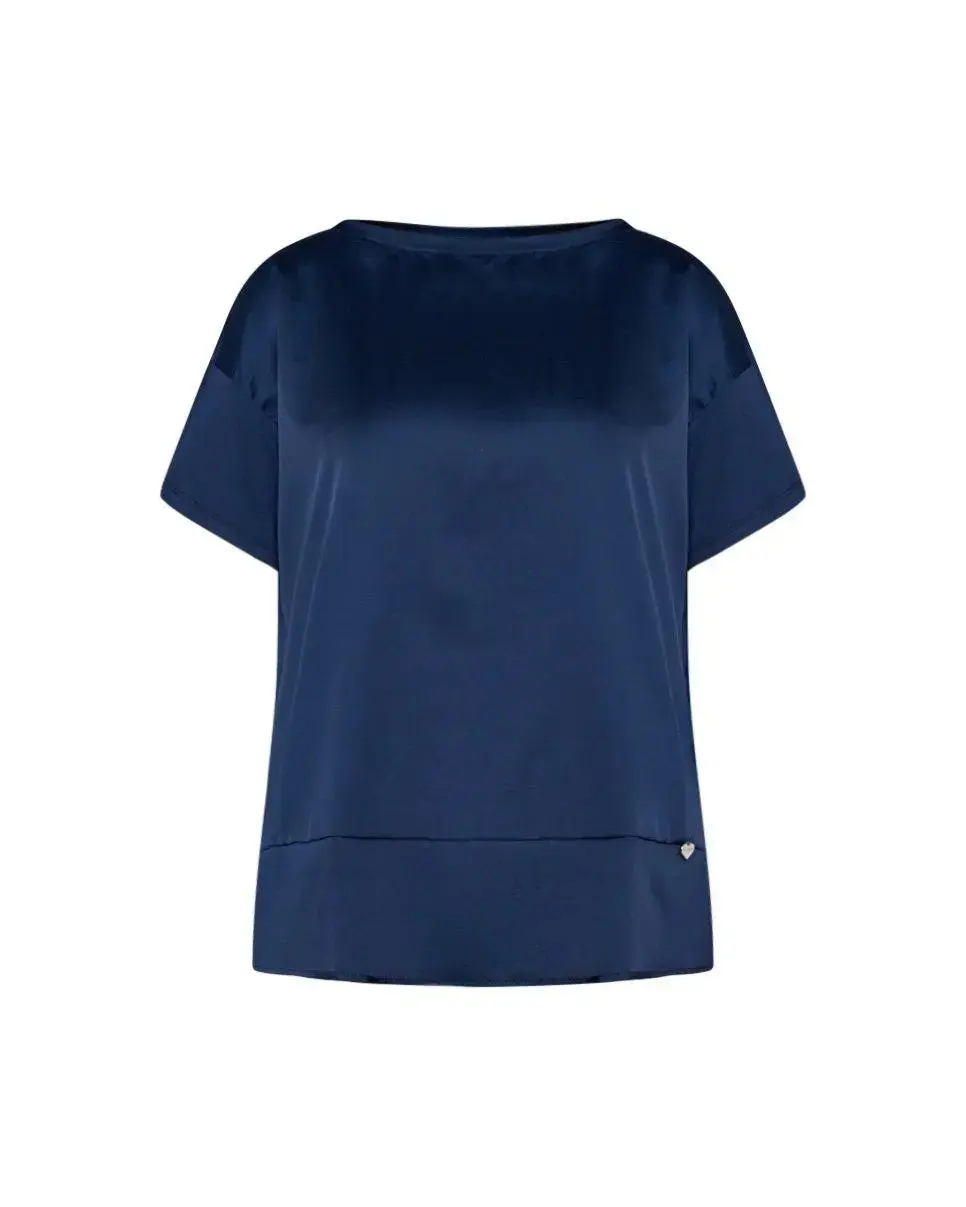 T-shirt con scollo a barca in raso elasticizzato con retro in jersey BLU