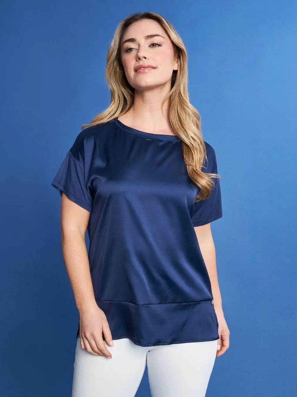 T-shirt con scollo a barca in raso elasticizzato con retro in jersey BLU - Image 3
