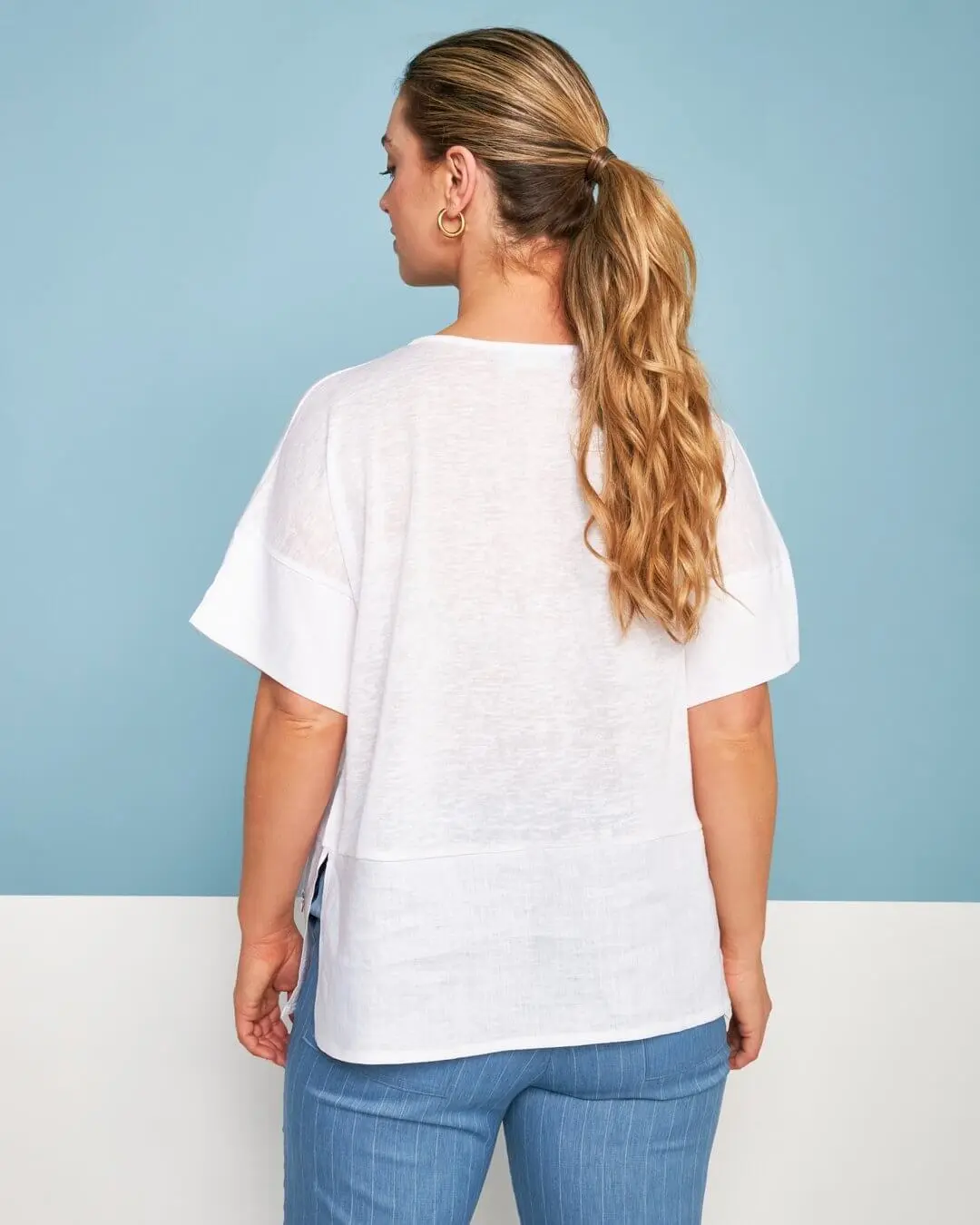 T-shirt girocollo combinata in lino e jersey melange con tasca sul petto BIANCO - Image 3