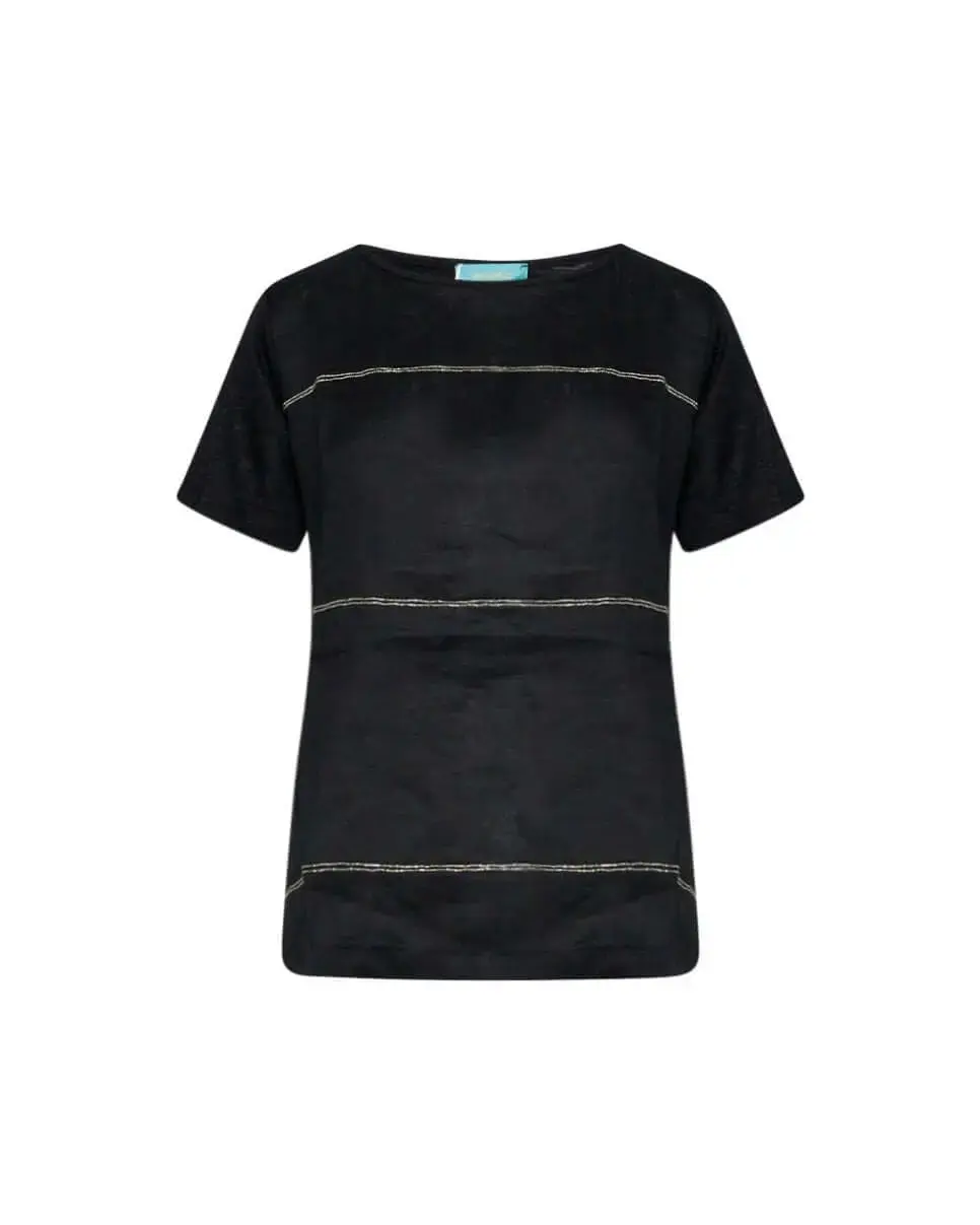 T-shirt combinata in lino e jersey melange con dettagli micro catene BLACK
