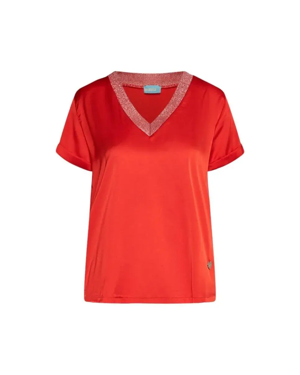 T-shirt in raso elasticizzato con scollo a V in filato lurex PAPAVERO