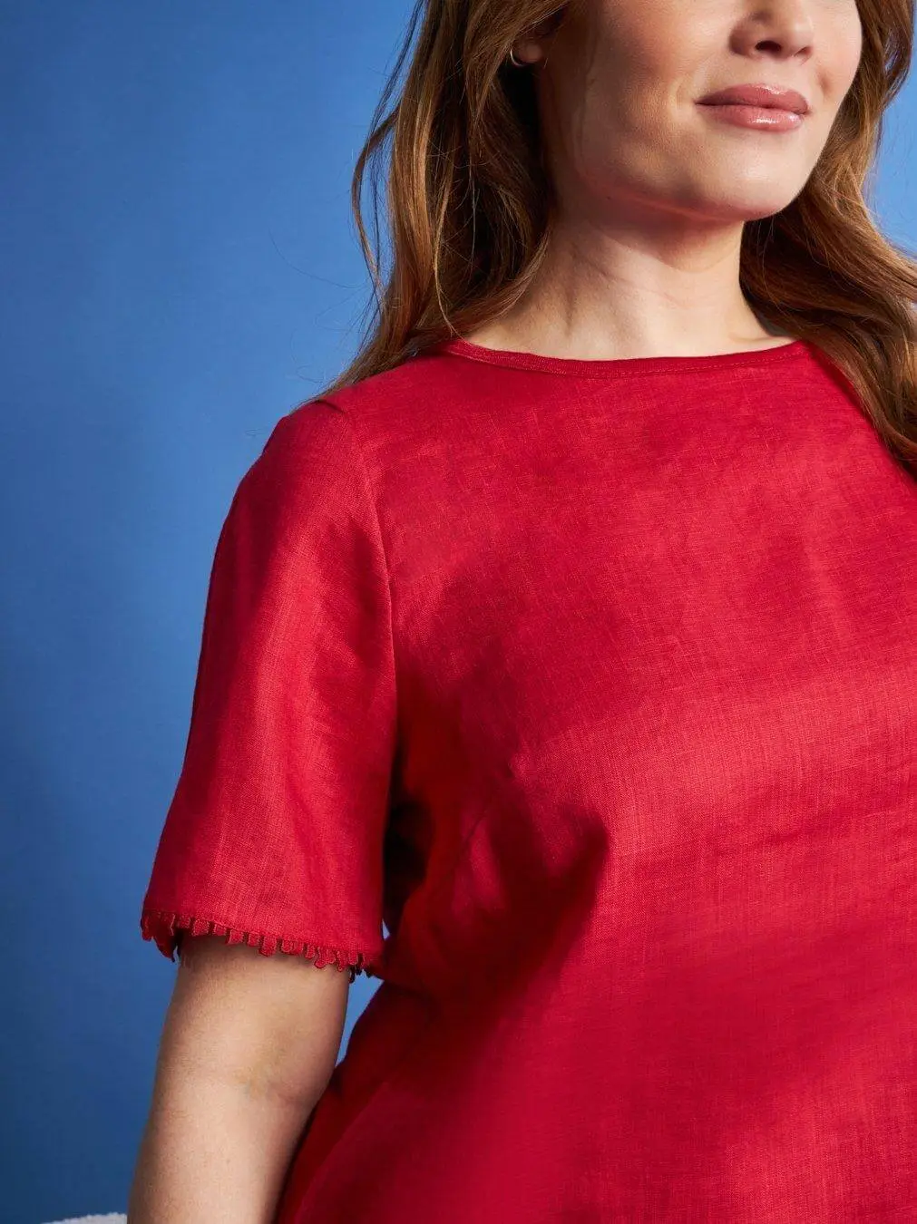 T-shirt in lino con retro in jersey melange e passamaneria applicata RED - Image 3