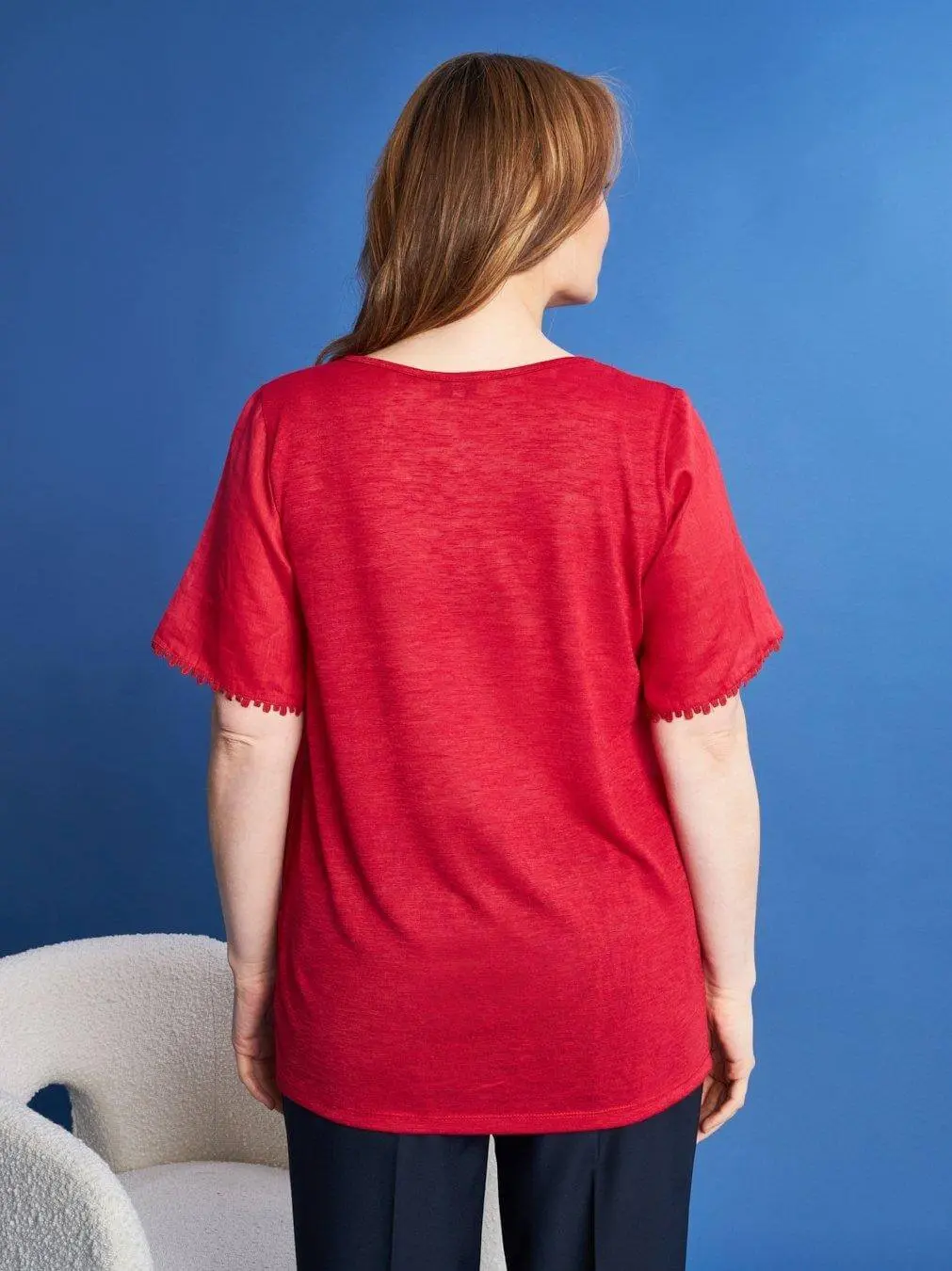 T-shirt in lino con retro in jersey melange e passamaneria applicata RED - Image 4