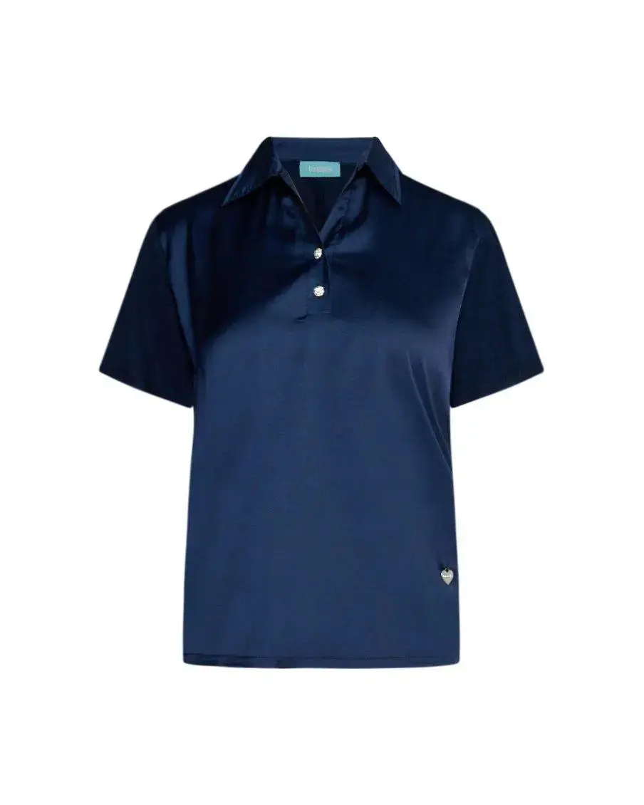 Polo con bottoni gioiello in raso con retro e maniche in jersey BLU