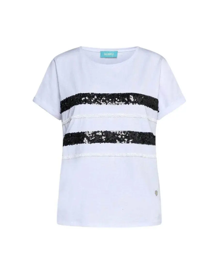 T-shirt girocollo in jersey di cotone elasticizzato con applicazioni di paillettes BIANCO