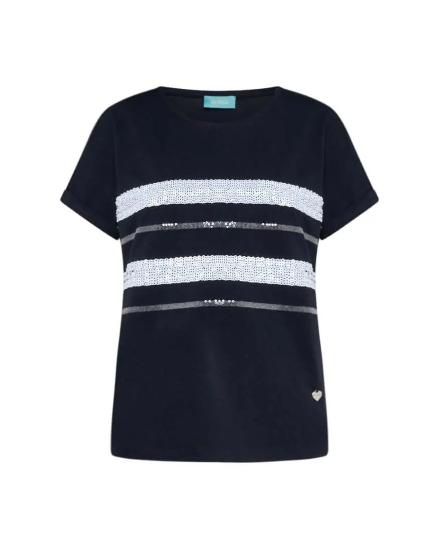 T-shirt girocollo in jersey di cotone elasticizzato con applicazioni di paillettes BLU - Image 2