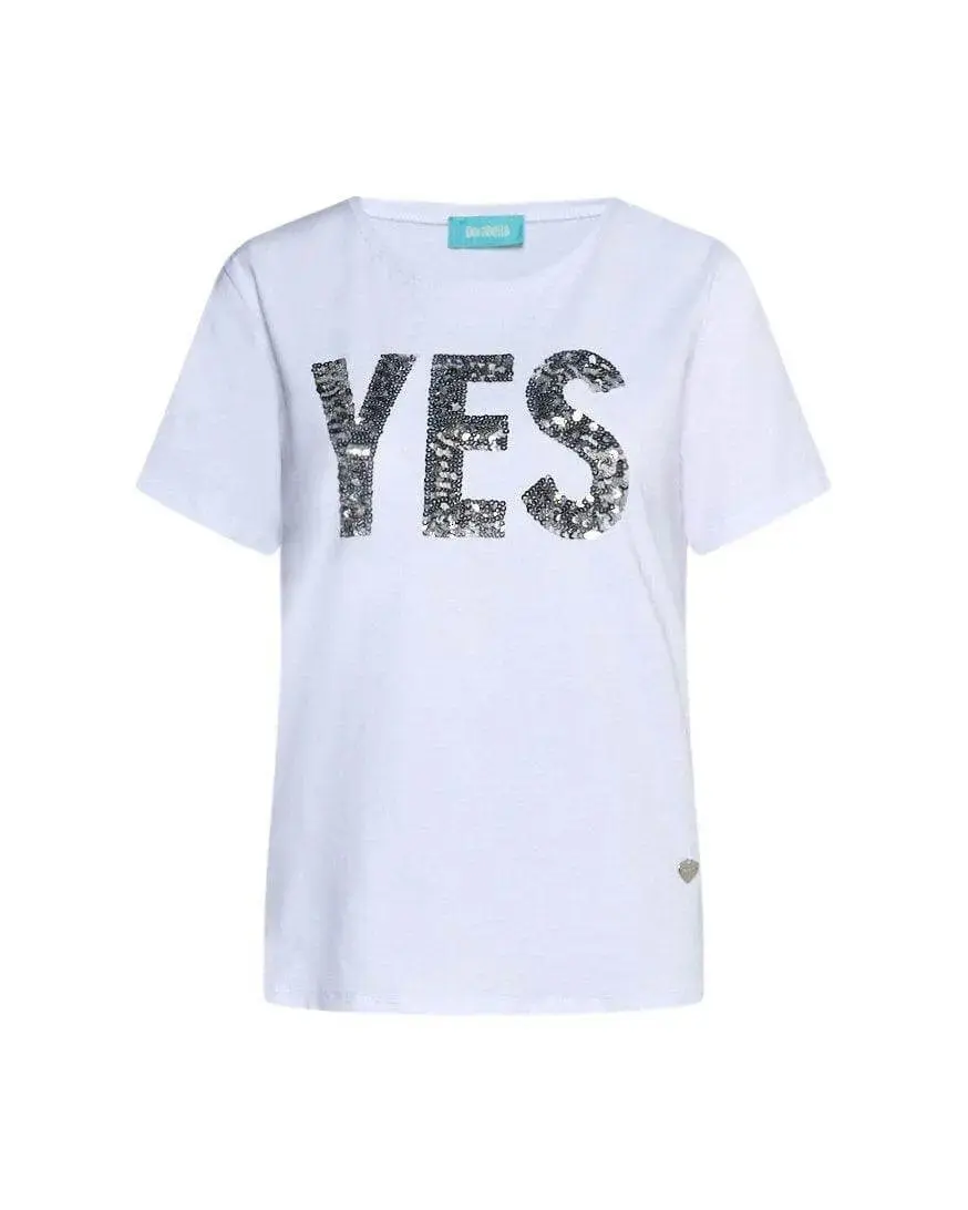 T-shirt girocollo in jersey di cotone elasticizzato con slogan in paillettes BIANCO